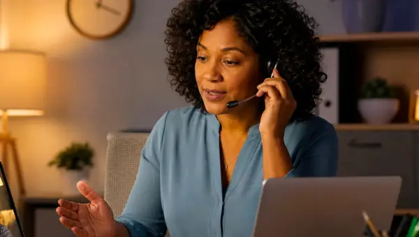 A friendly support specialist wearing a headset, working at a laptop in the evening — ready to help foster families around the clock