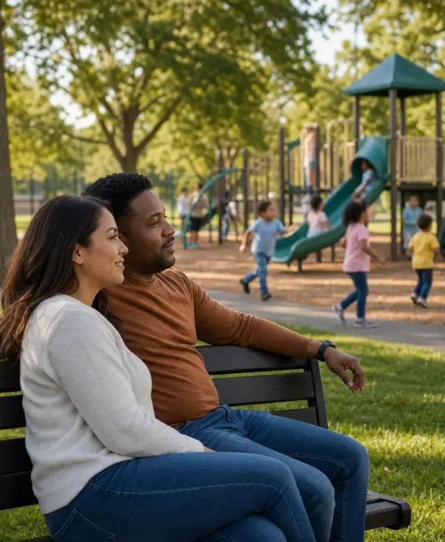 Two foster parents sitting together on a park bench, watching children play on a playground nearby