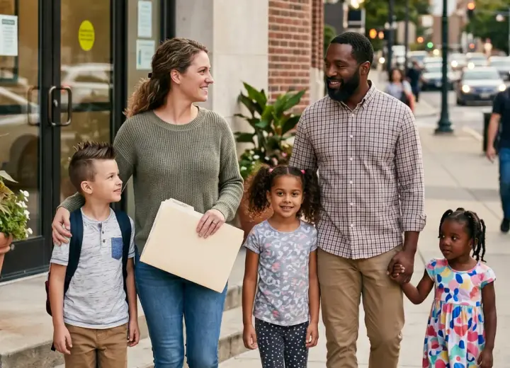 A smiling foster family of two parents and three children walking together down a Houston city sidewalk on their way to an appointment