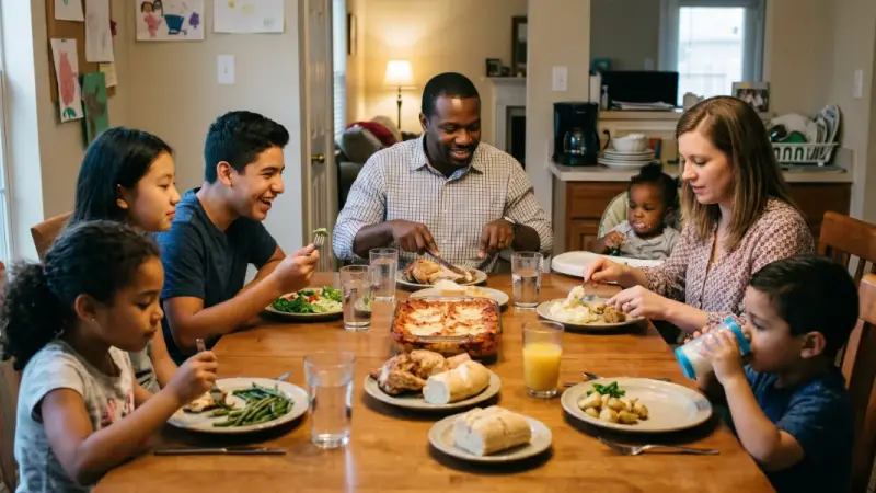 A large, multi-ethnic foster family of parents and six children sharing a hearty home-cooked meal together around the dining table