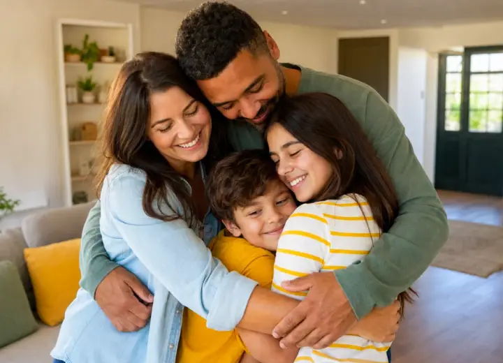 Two smiling foster parents wrapping their son and daughter in a warm group hug in their living room