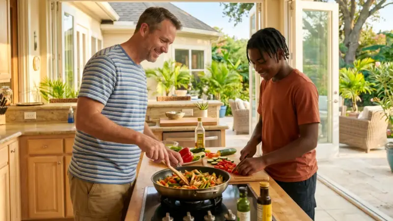 An adoptive father and his teenage son smiling as they cook a meal together in a bright kitchen opening onto a sunny garden patio