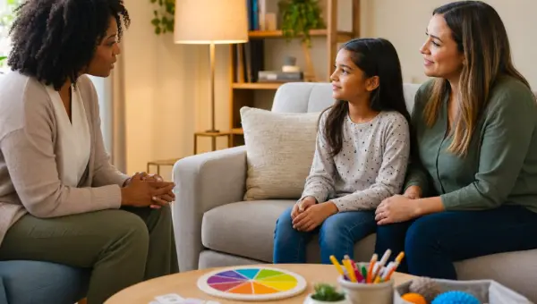 A counselor meeting with a mother and daughter in a warm living room, with colorful emotional-support activity cards on the table