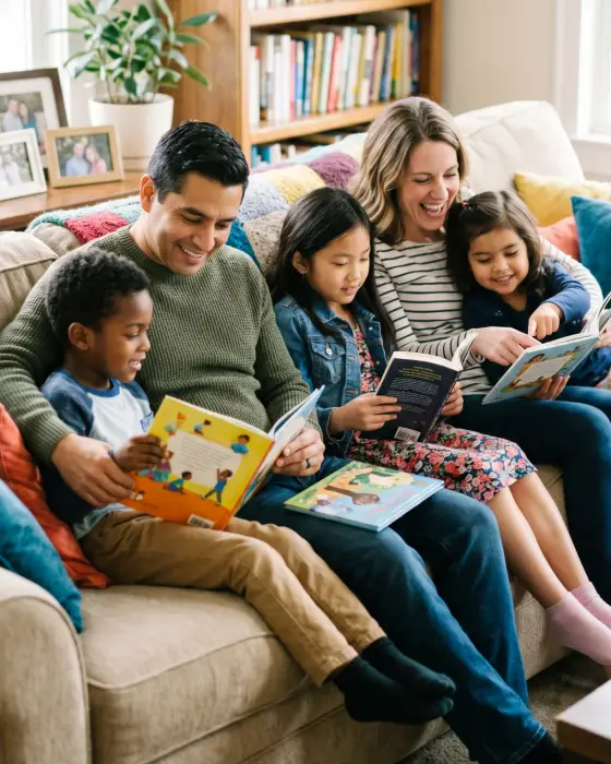 A foster family of two parents and three children reading picture books together on a cozy living-room couch