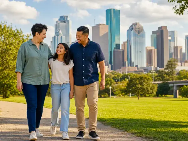 A smiling family — two parents and their daughter — walking together through a park with the Houston skyline in the background