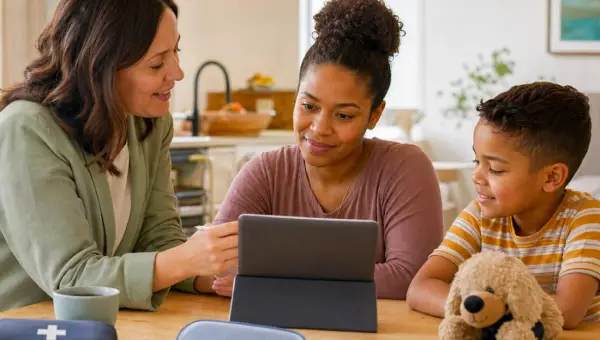 A caseworker reviewing benefits on a tablet with a foster mother and her son at the kitchen table, alongside first-aid, glasses, and dental care items