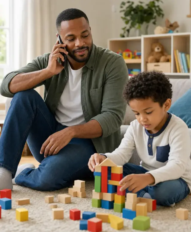 A foster father on a support call while his young son plays with building blocks on the living-room floor