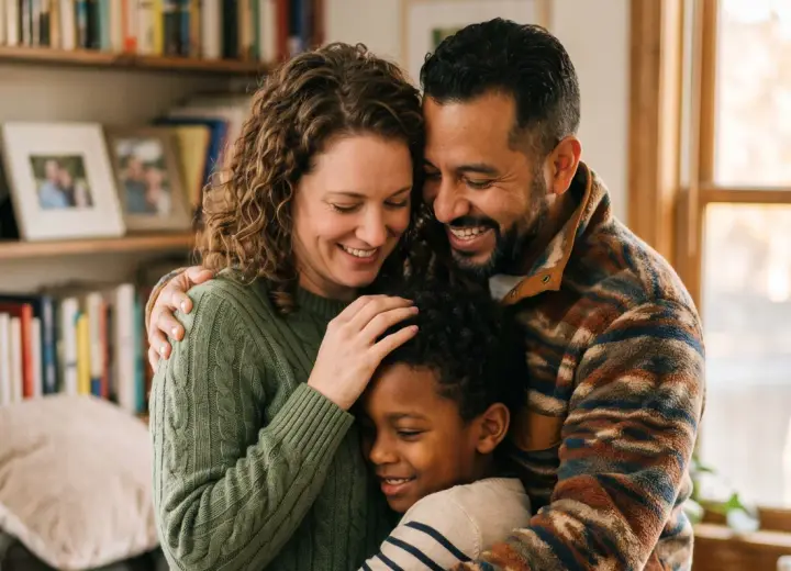 Two smiling foster parents warmly embracing their young son in a group hug at home
