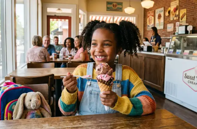 A happy young girl grinning as she holds a chocolate ice cream cone at a cheerful neighborhood ice cream shop