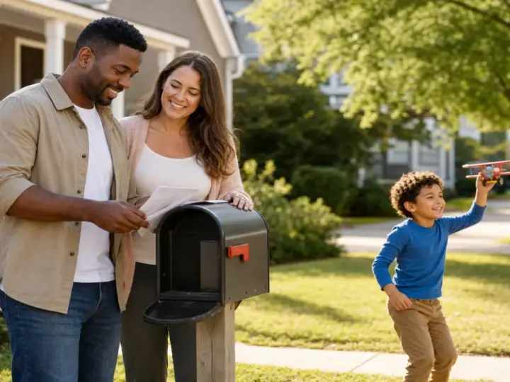 Two smiling foster parents reading mail at their curbside mailbox while their young son plays with a toy plane in the yard