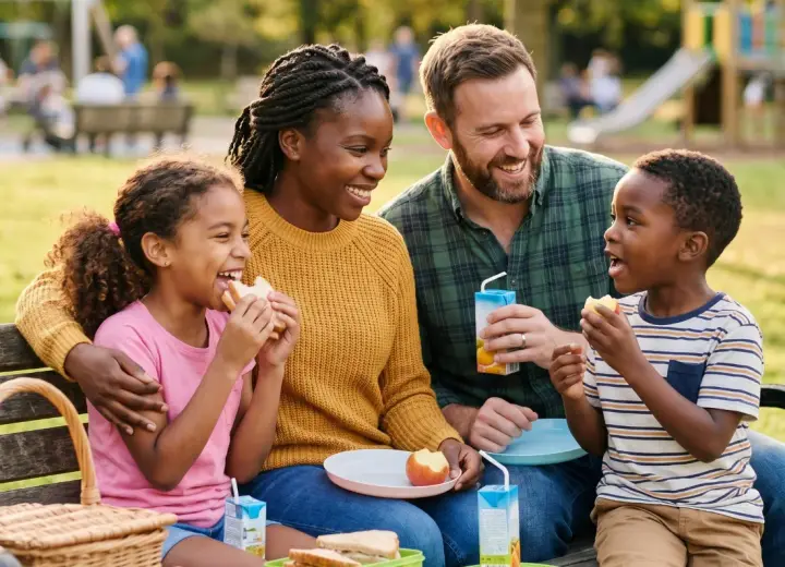A smiling multi-ethnic foster family of parents and two children enjoying a picnic together on a park bench