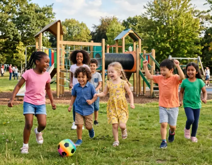 A group of joyful children chasing a colorful soccer ball together at a sunny neighborhood park playground