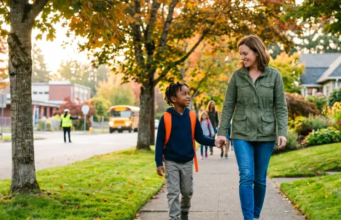 A foster parent walking their child to school along a tree-lined neighborhood sidewalk