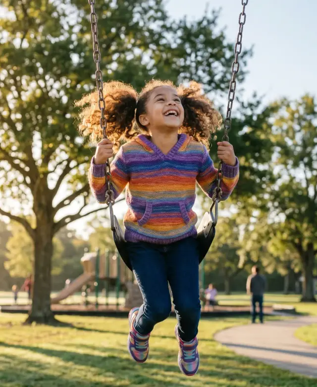 A joyful young girl laughing as she soars on a park swing on a sunny day
