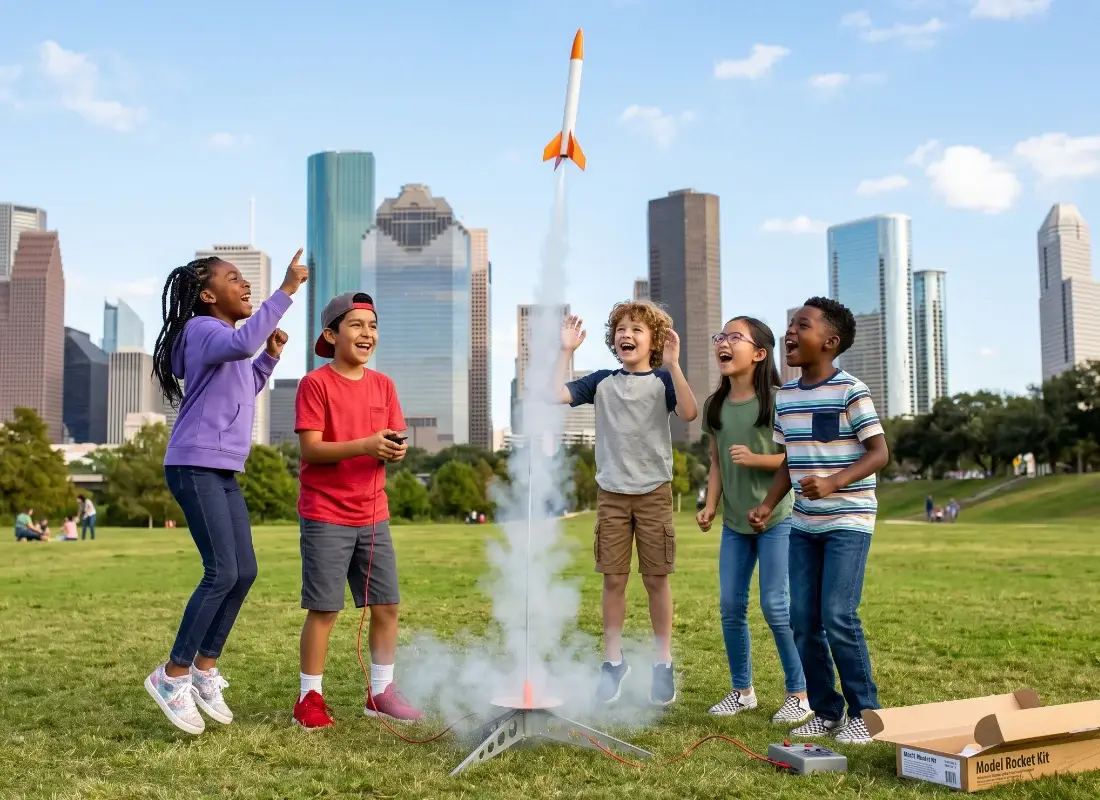 A group of joyful children cheering as they launch a model rocket in a park with the Houston skyline behind them